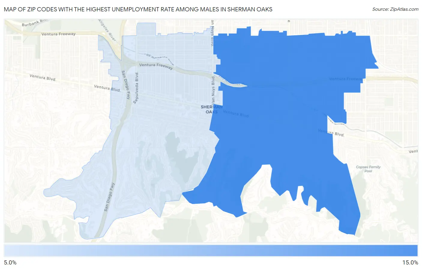 Zip Codes with the Highest Unemployment Rate Among Males in Sherman Oaks Map