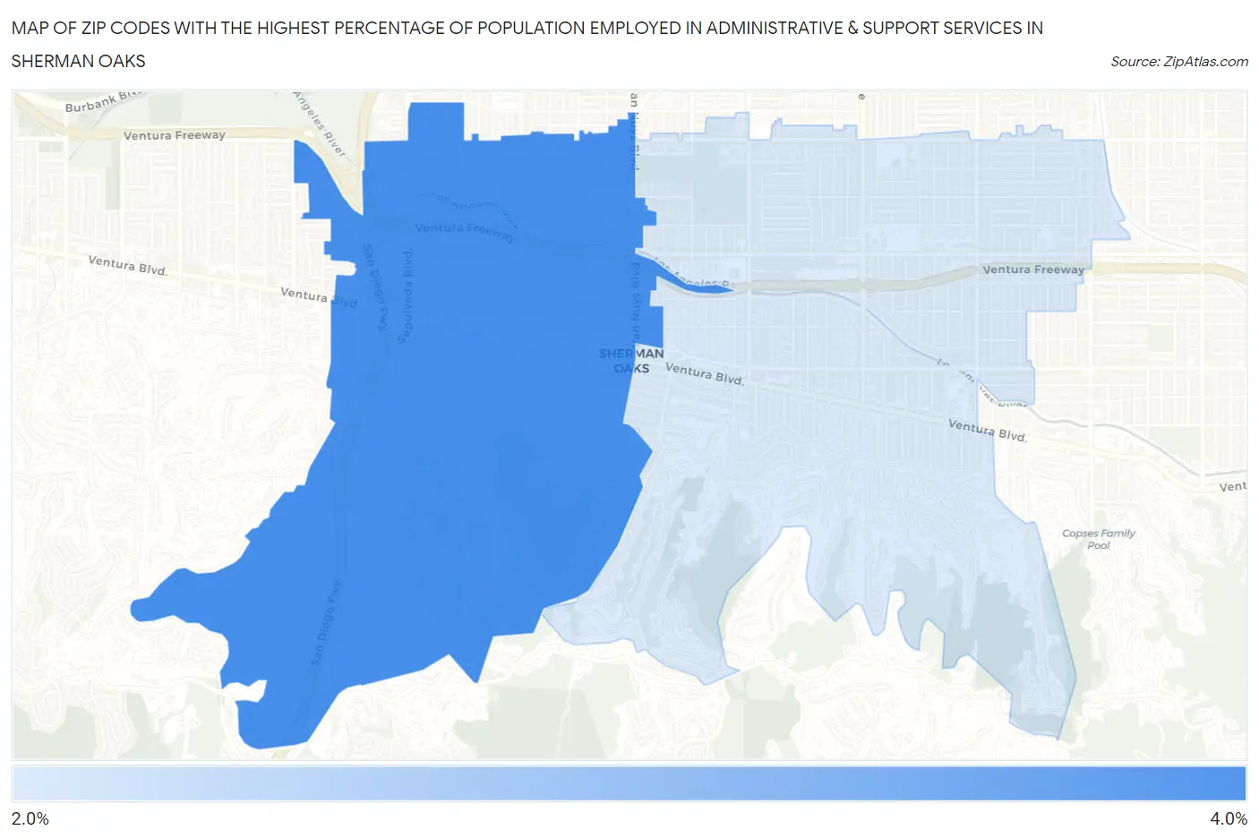 Zip Codes with the Highest Percentage of Population Employed in Administrative & Support Services in Sherman Oaks Map