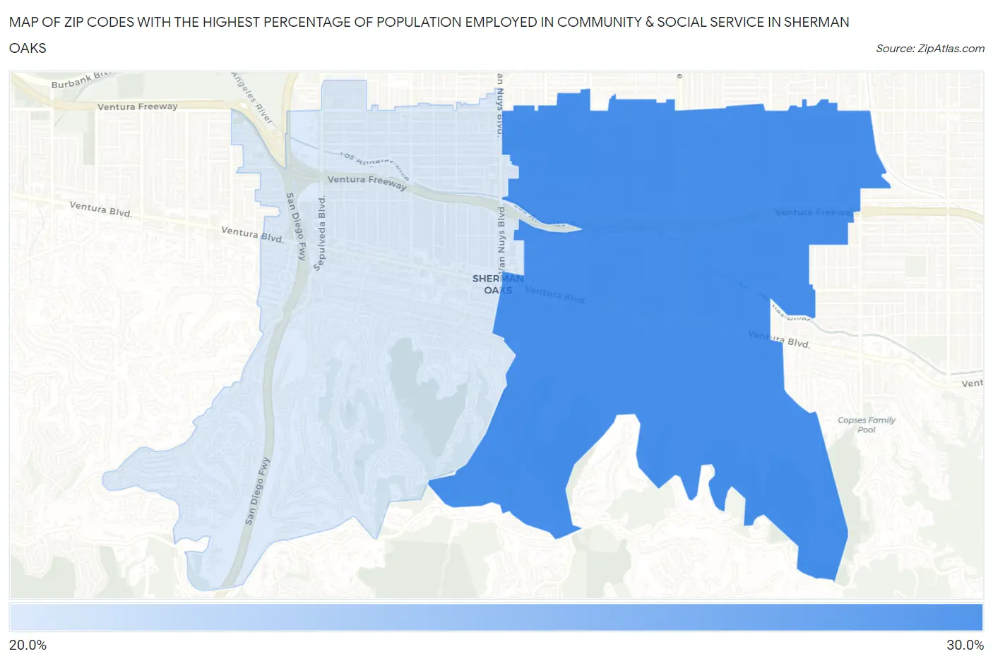 Zip Codes with the Highest Percentage of Population Employed in Community & Social Service  in Sherman Oaks Map