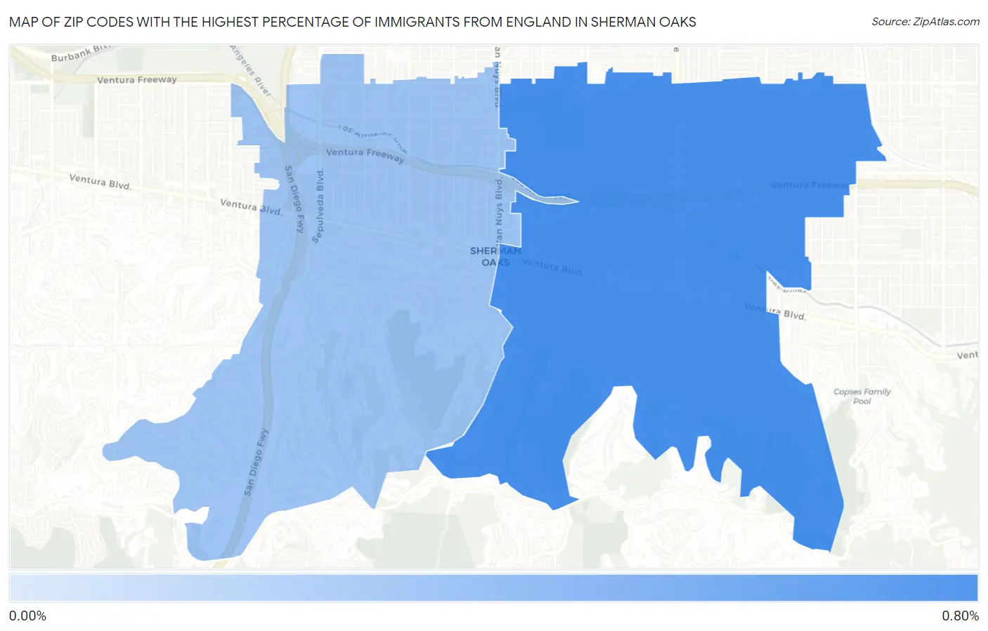 Zip Codes with the Highest Percentage of Immigrants from England in Sherman Oaks Map