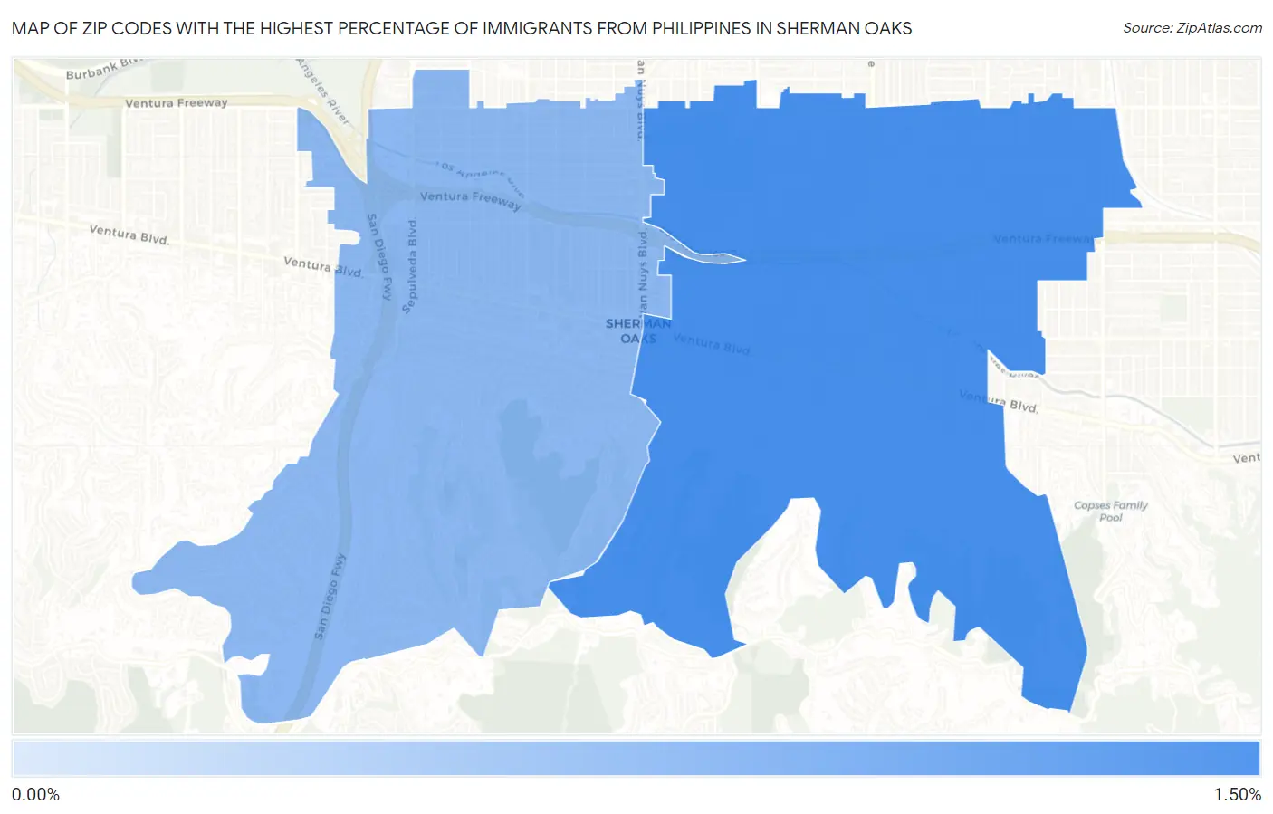Zip Codes with the Highest Percentage of Immigrants from Philippines in Sherman Oaks Map