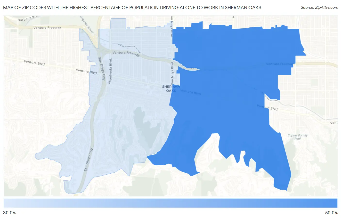 Zip Codes with the Highest Percentage of Population Driving Alone to Work in Sherman Oaks Map