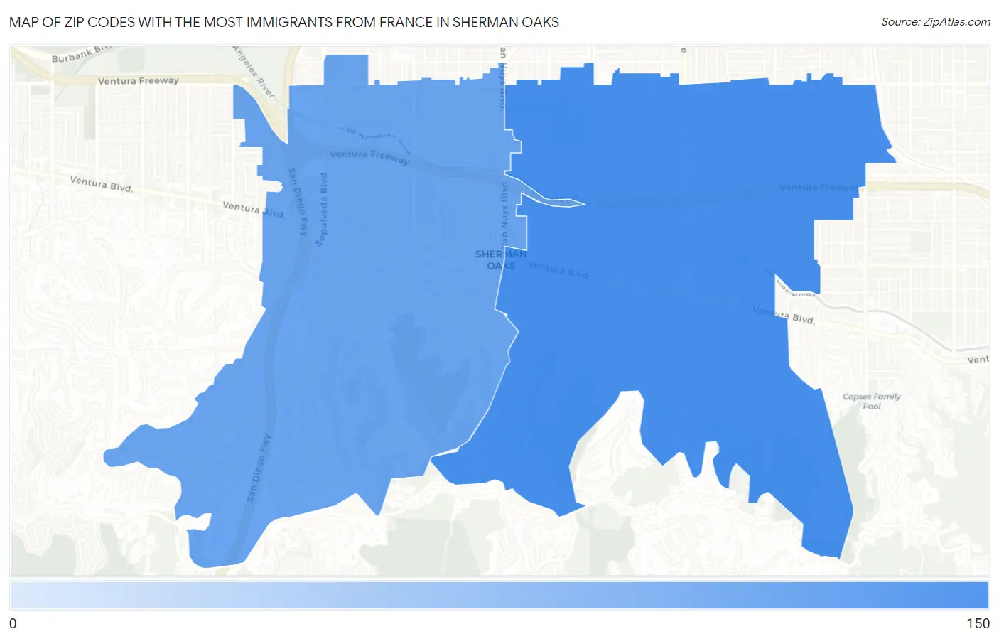 Zip Codes with the Most Immigrants from France in Sherman Oaks Map