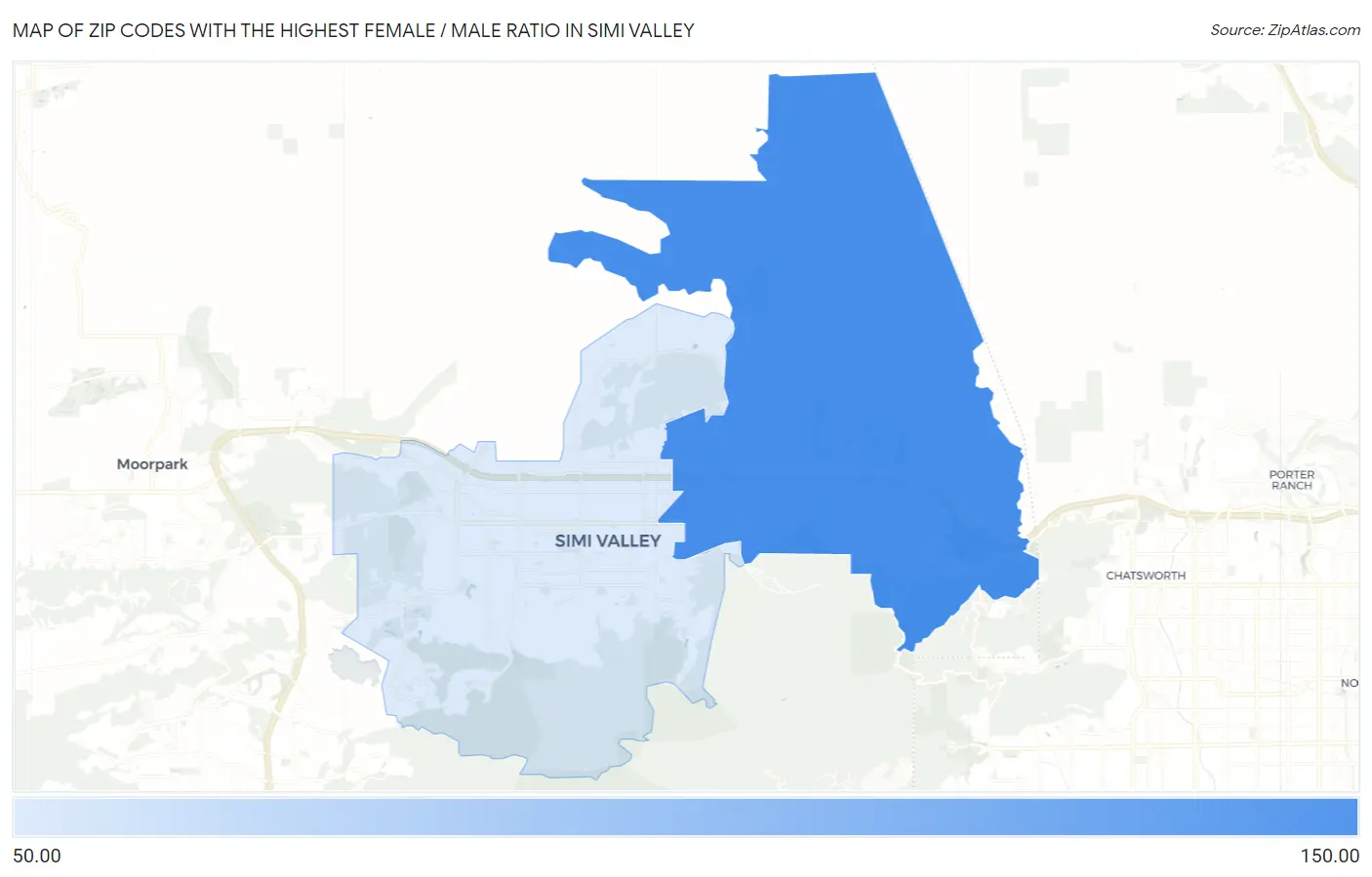Zip Codes with the Highest Female / Male Ratio in Simi Valley Map