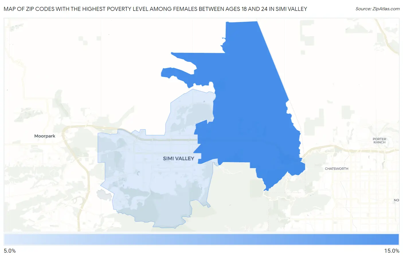 Zip Codes with the Highest Poverty Level Among Females Between Ages 18 and 24 in Simi Valley Map