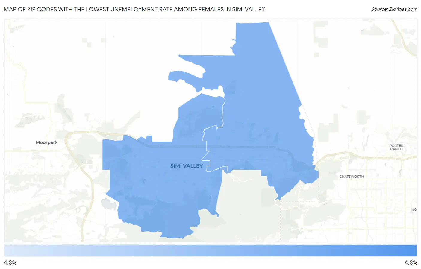Zip Codes with the Lowest Unemployment Rate Among Females in Simi Valley Map