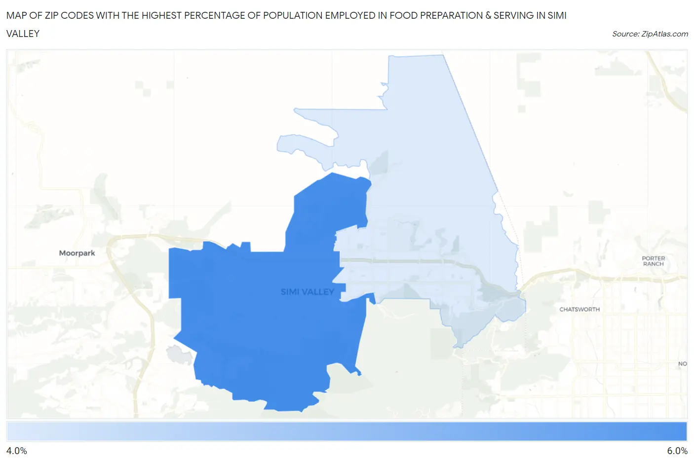 Zip Codes with the Highest Percentage of Population Employed in Food Preparation & Serving in Simi Valley Map