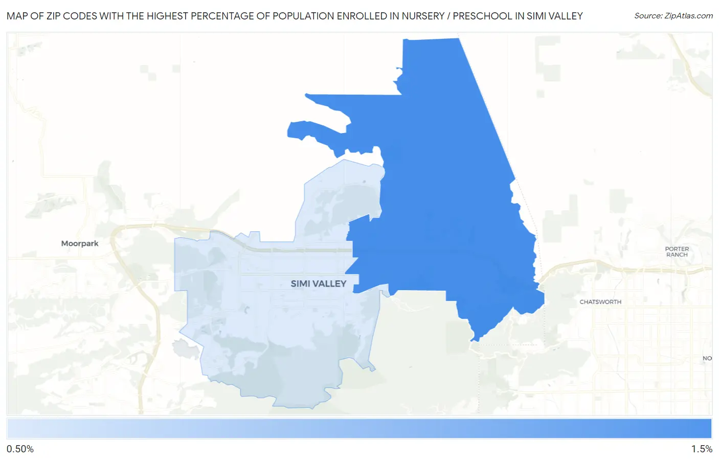 Zip Codes with the Highest Percentage of Population Enrolled in Nursery / Preschool in Simi Valley Map