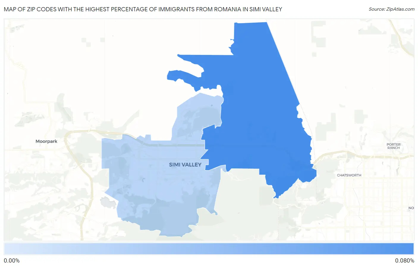 Zip Codes with the Highest Percentage of Immigrants from Romania in Simi Valley Map
