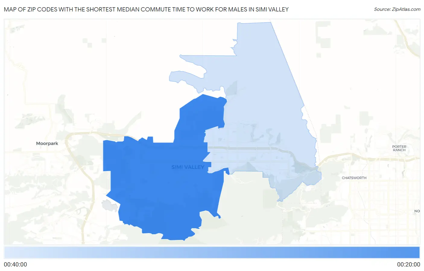 Zip Codes with the Shortest Median Commute Time to Work for Males in Simi Valley Map
