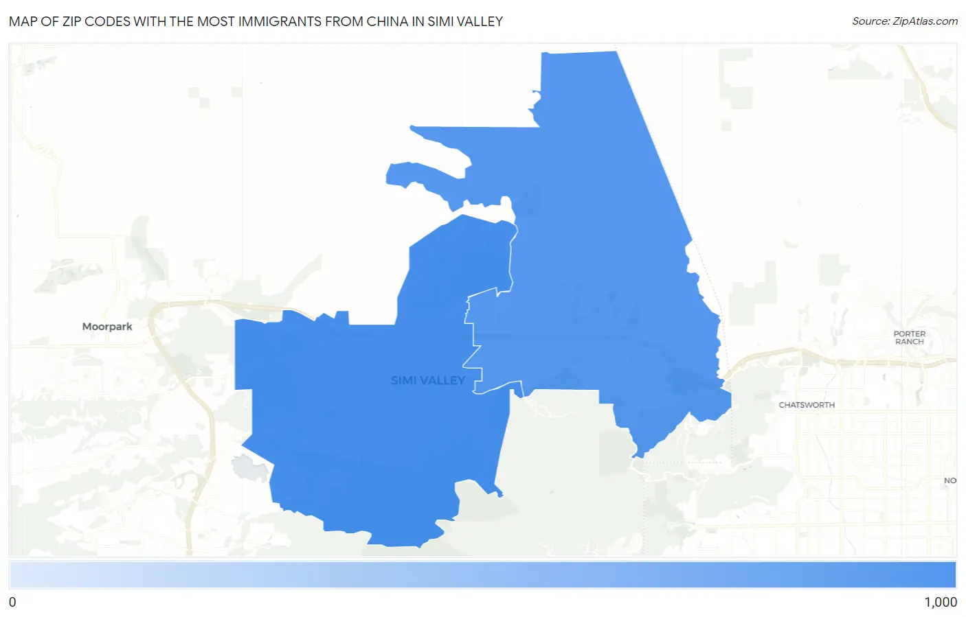 Zip Codes with the Most Immigrants from China in Simi Valley Map