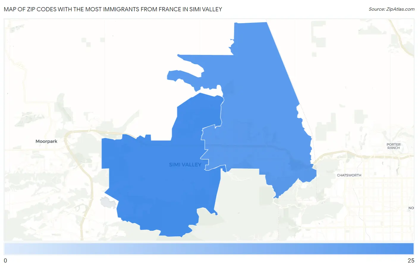 Zip Codes with the Most Immigrants from France in Simi Valley Map