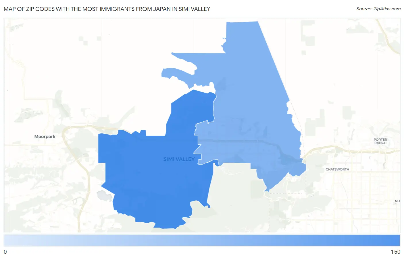 Zip Codes with the Most Immigrants from Japan in Simi Valley Map
