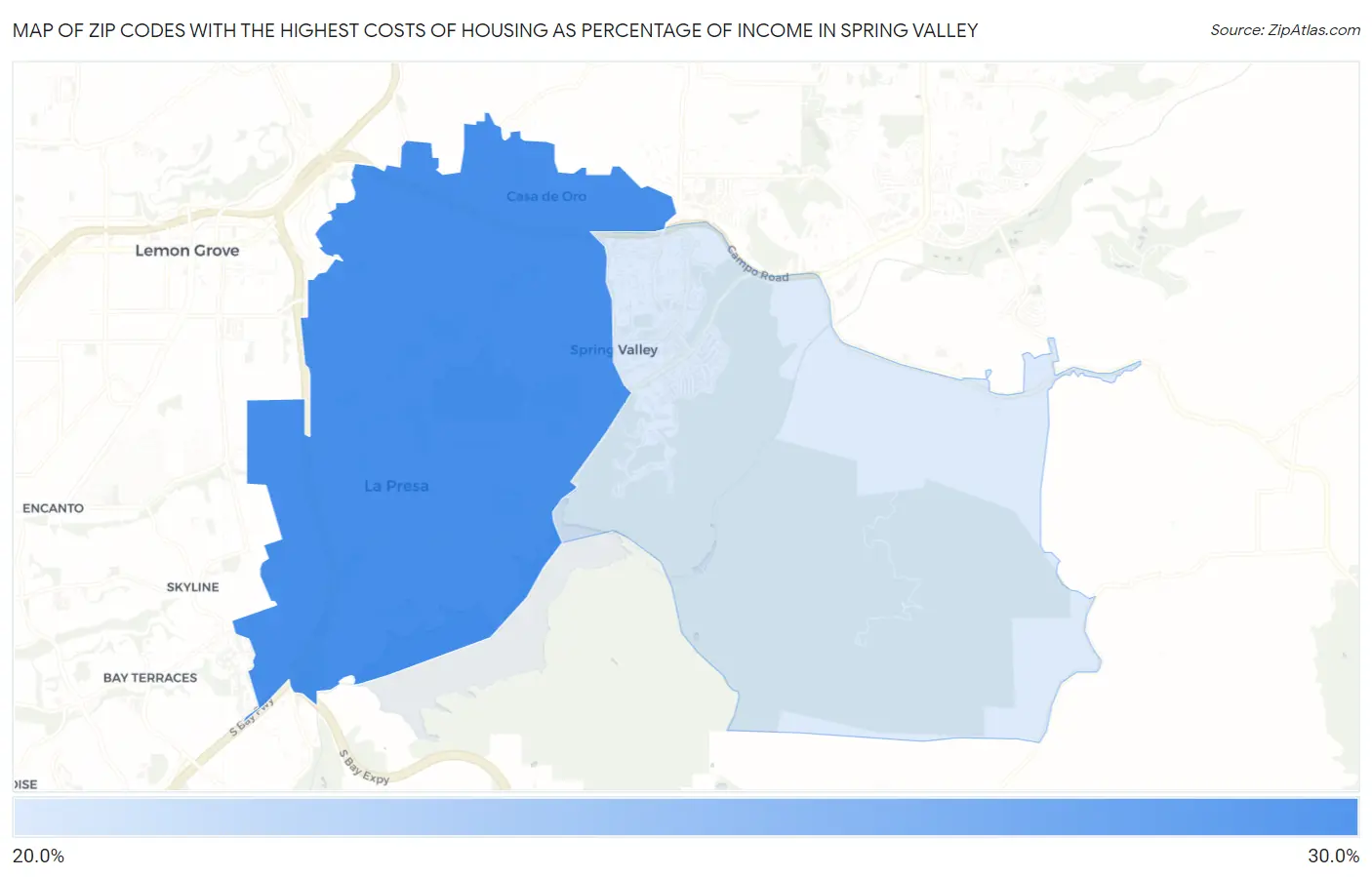 Zip Codes with the Highest Costs of Housing as Percentage of Income in Spring Valley Map