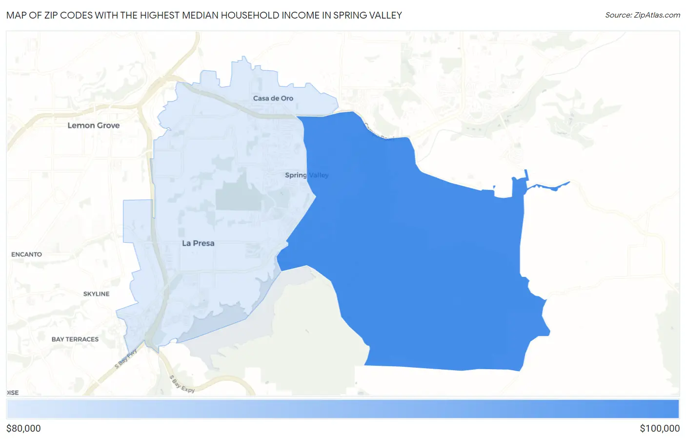 Zip Codes with the Highest Median Household Income in Spring Valley Map