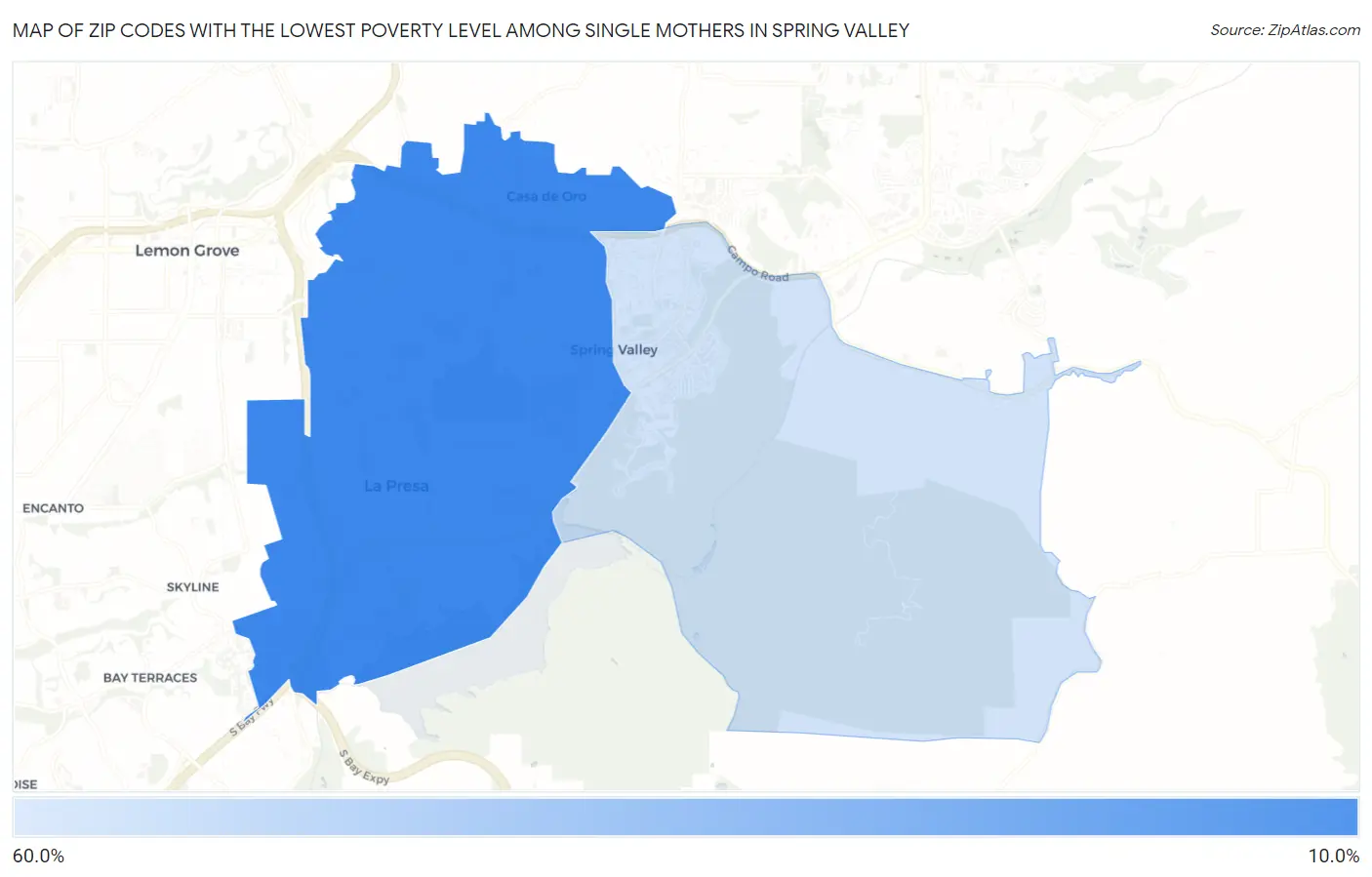 Zip Codes with the Lowest Poverty Level Among Single Mothers in Spring Valley Map