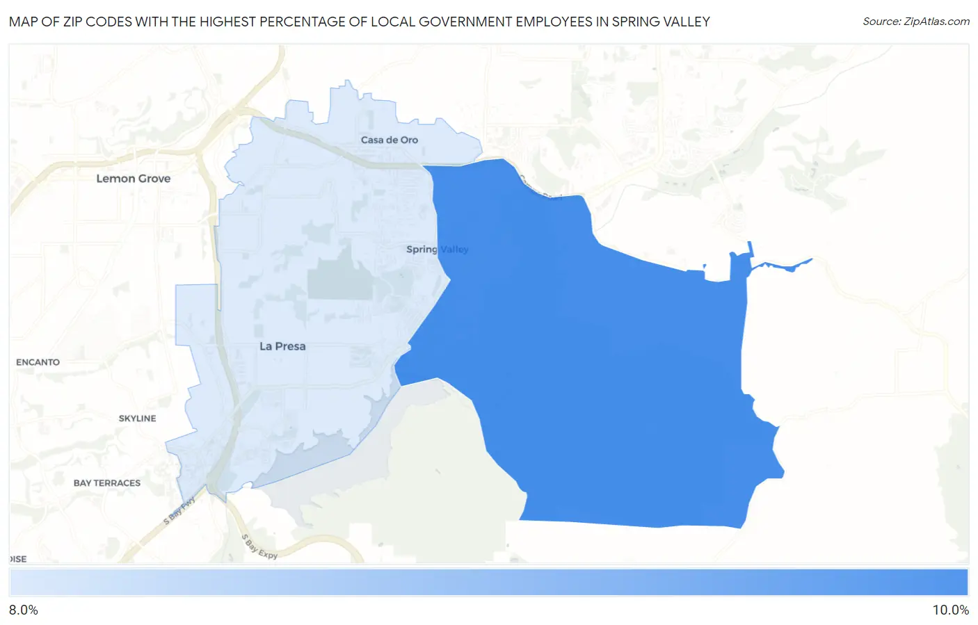 Zip Codes with the Highest Percentage of Local Government Employees in Spring Valley Map