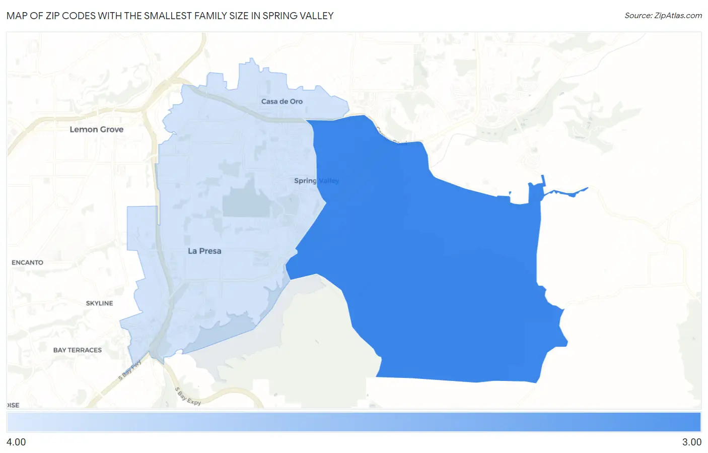 Zip Codes with the Smallest Family Size in Spring Valley Map
