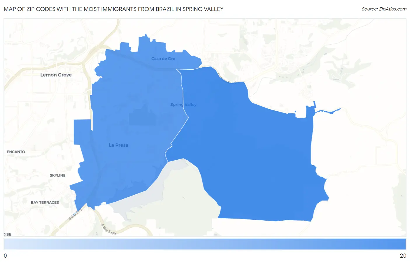Zip Codes with the Most Immigrants from Brazil in Spring Valley Map