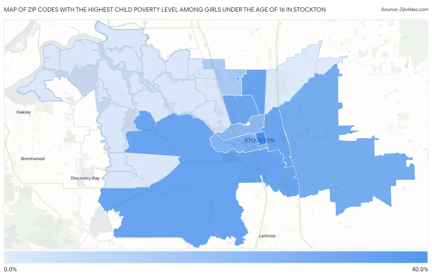 Zip Codes with the Highest Child Poverty Level Among Girls Under the Age of 16 in Stockton Map