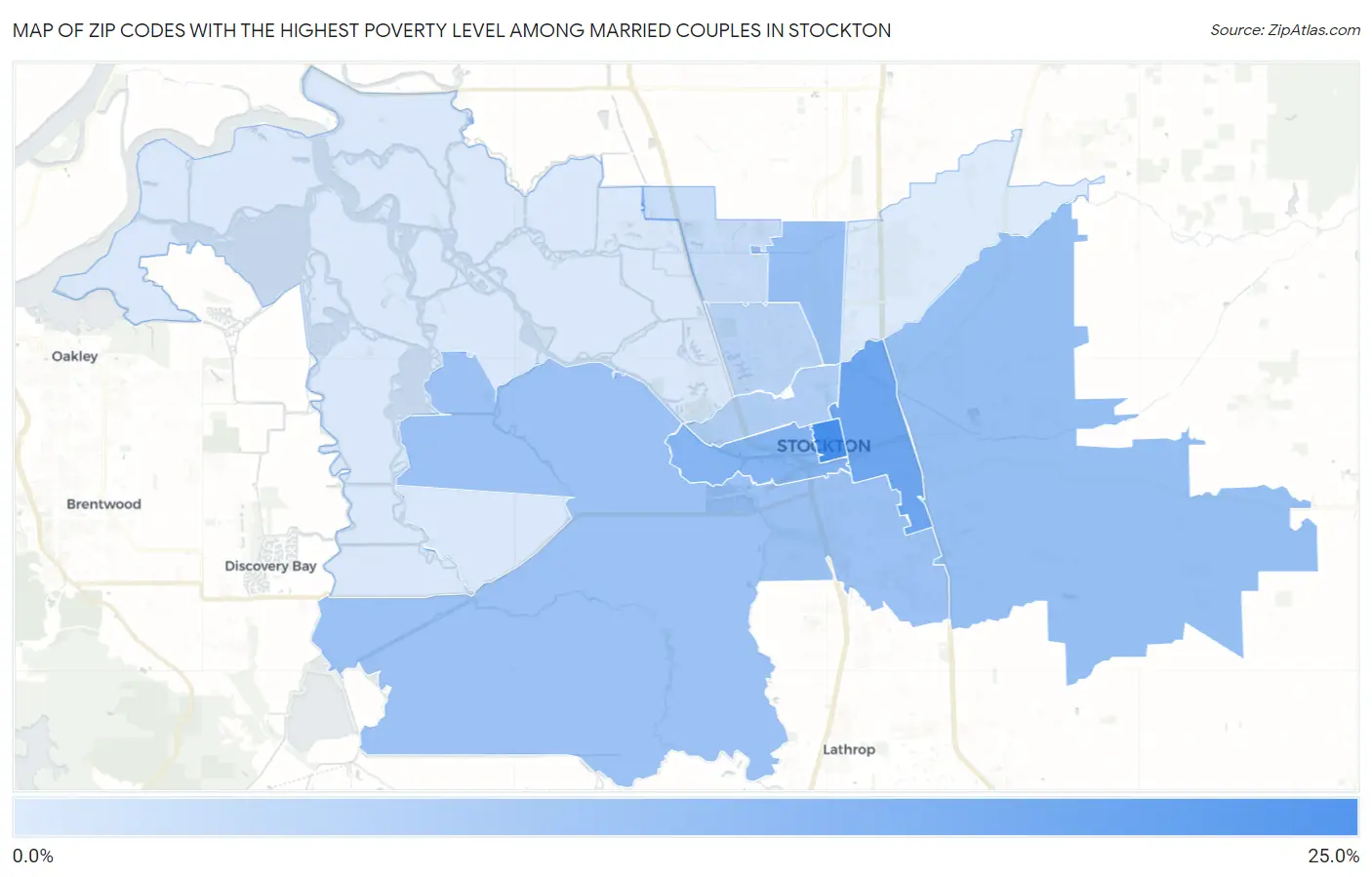 Zip Codes with the Highest Poverty Level Among Married Couples in Stockton Map