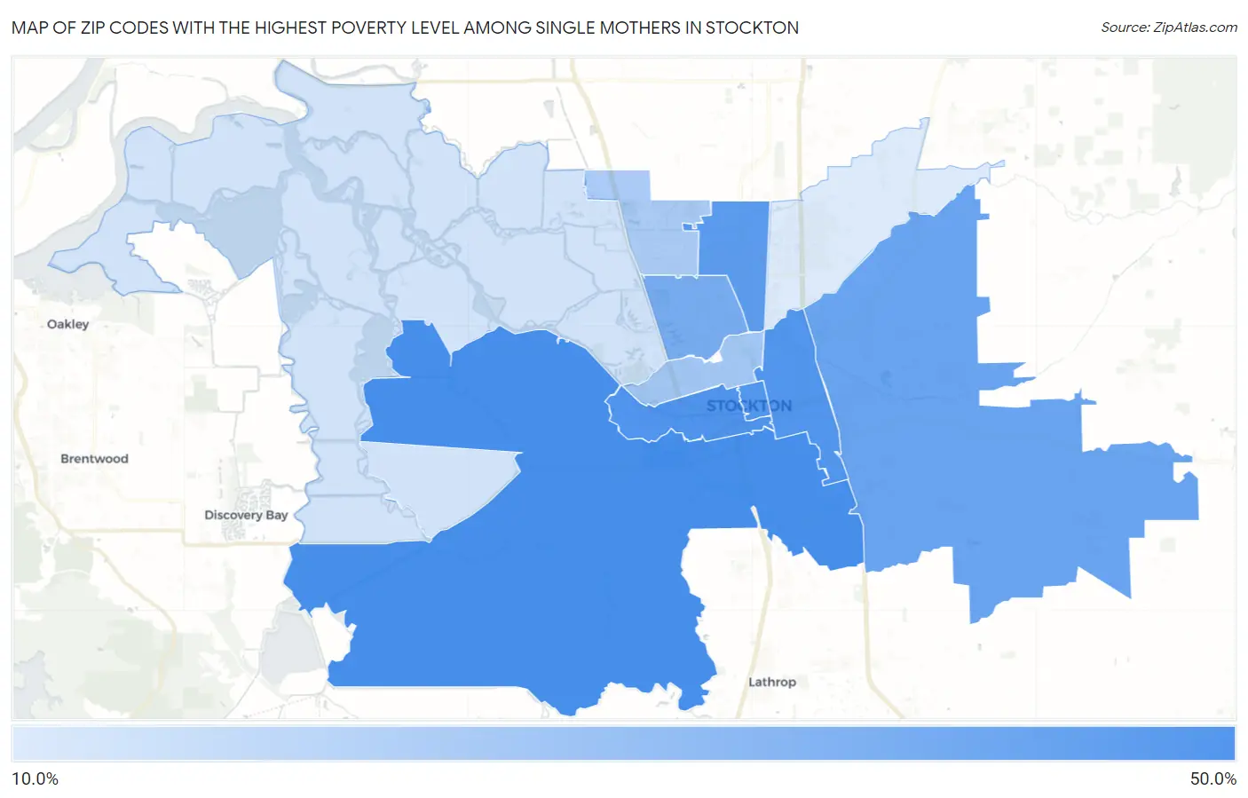 Zip Codes with the Highest Poverty Level Among Single Mothers in Stockton Map