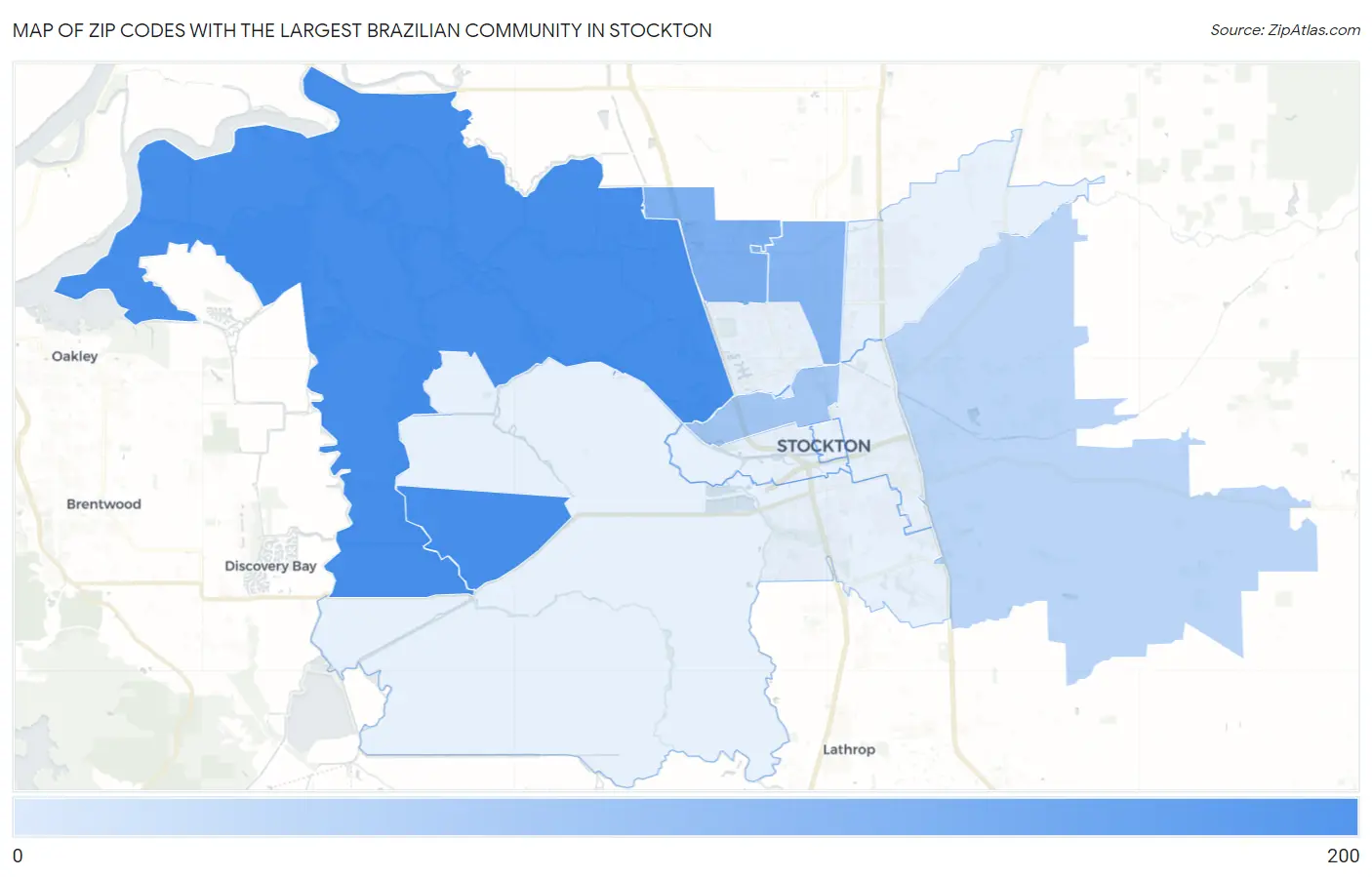Zip Codes with the Largest Brazilian Community in Stockton Map