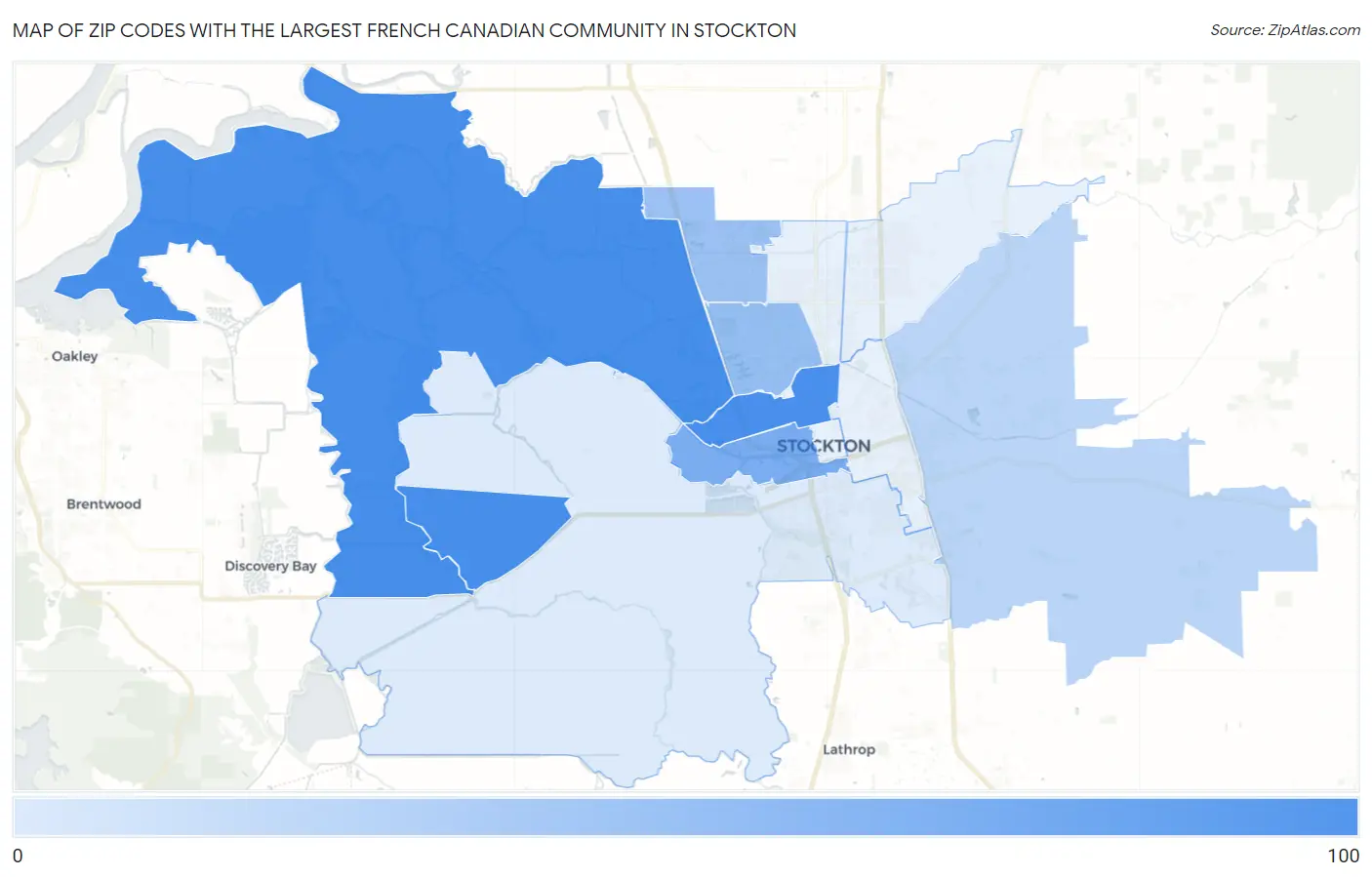 Zip Codes with the Largest French Canadian Community in Stockton Map