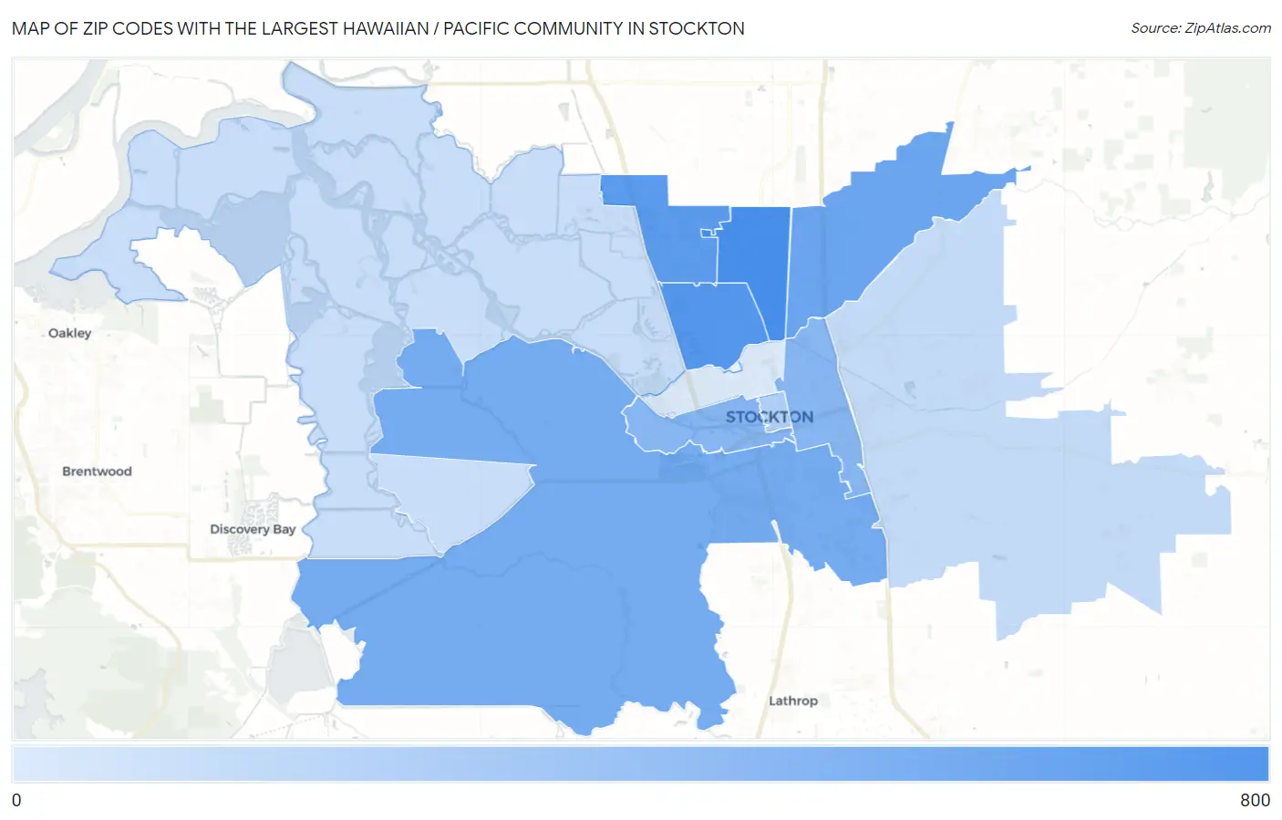 Zip Codes with the Largest Hawaiian / Pacific Community in Stockton Map