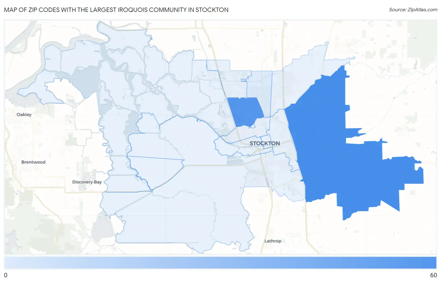 Zip Codes with the Largest Iroquois Community in Stockton Map