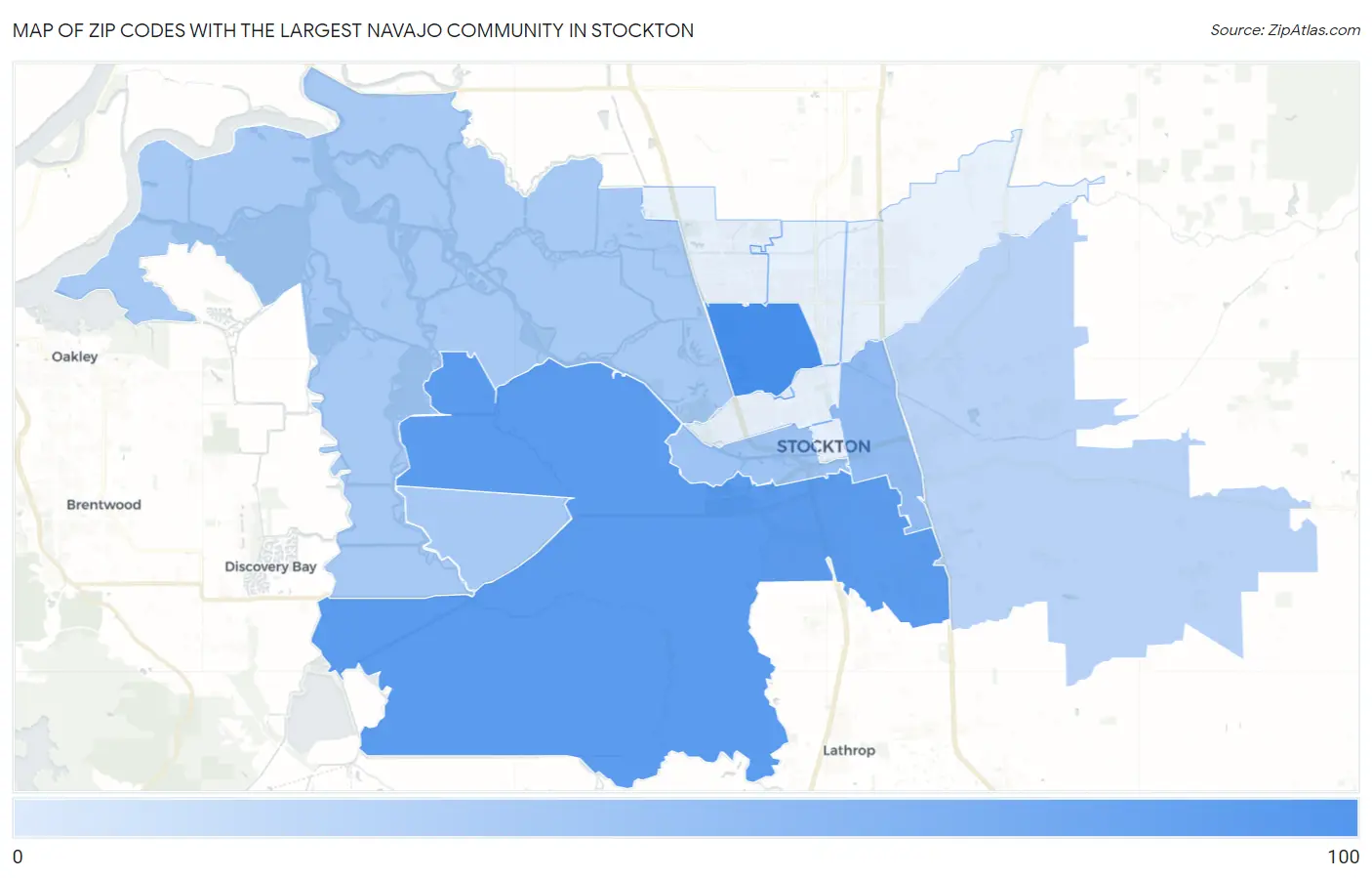 Zip Codes with the Largest Navajo Community in Stockton Map