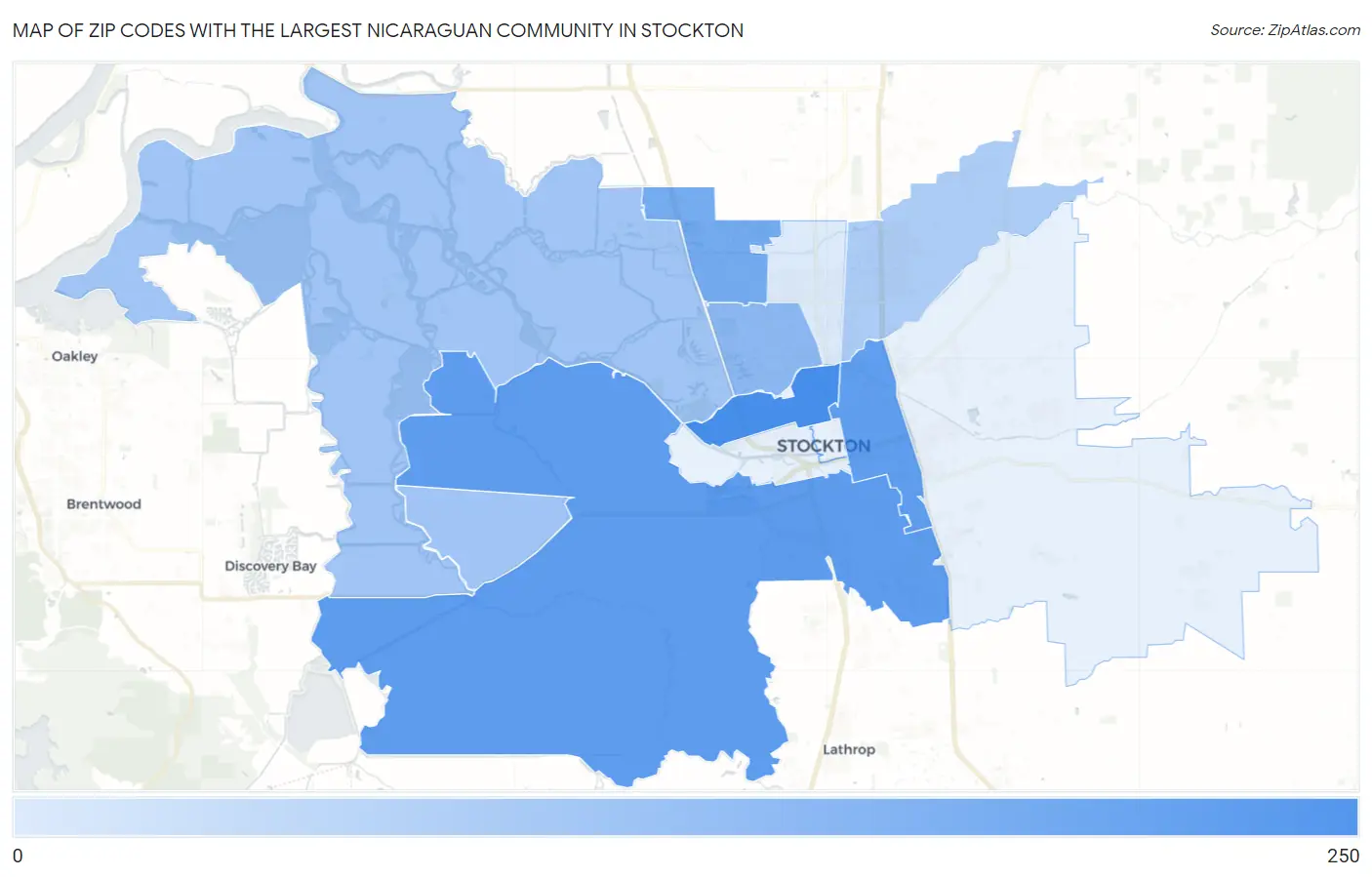 Zip Codes with the Largest Nicaraguan Community in Stockton Map
