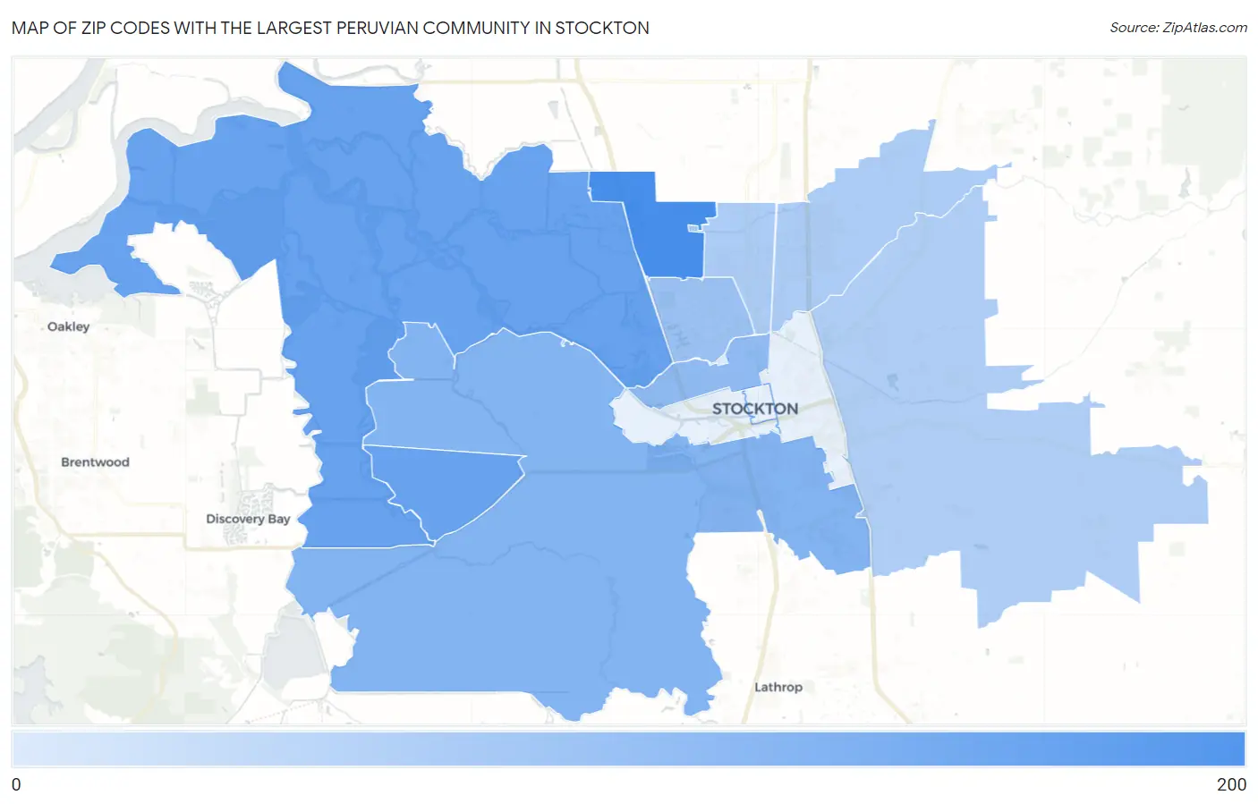 Zip Codes with the Largest Peruvian Community in Stockton Map