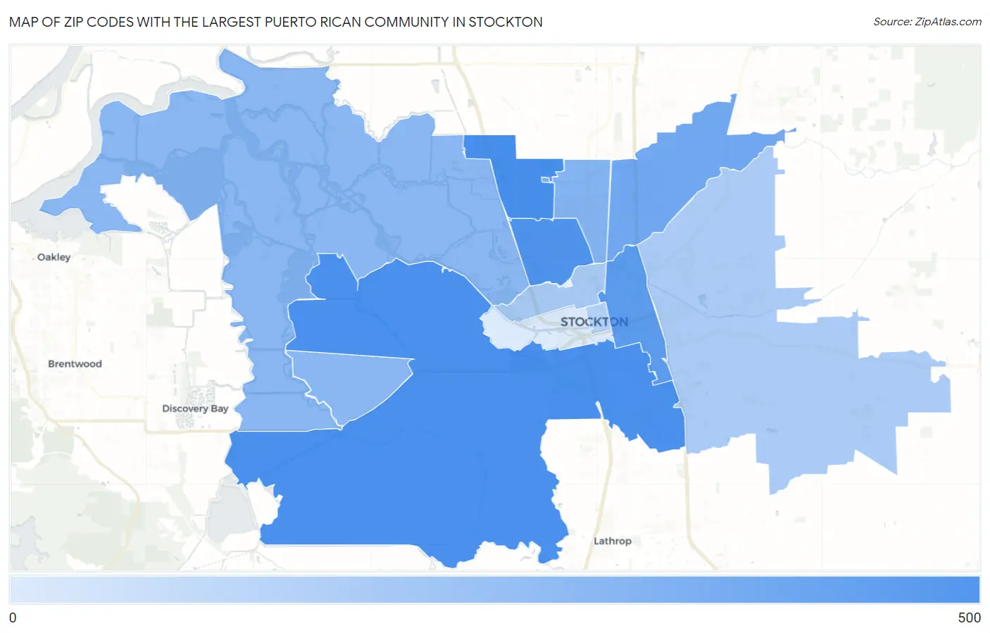 Zip Codes with the Largest Puerto Rican Community in Stockton Map