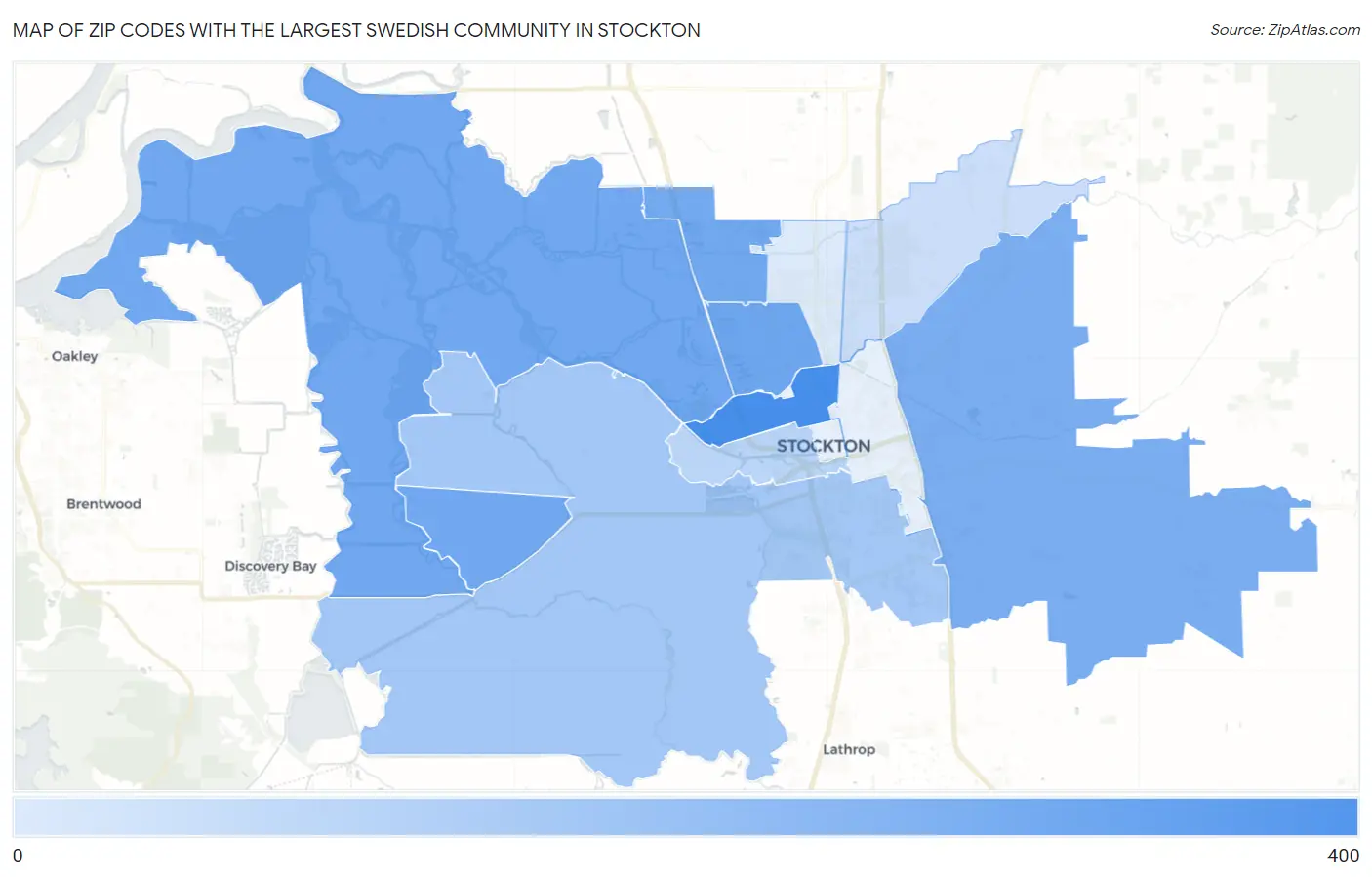 Zip Codes with the Largest Swedish Community in Stockton Map