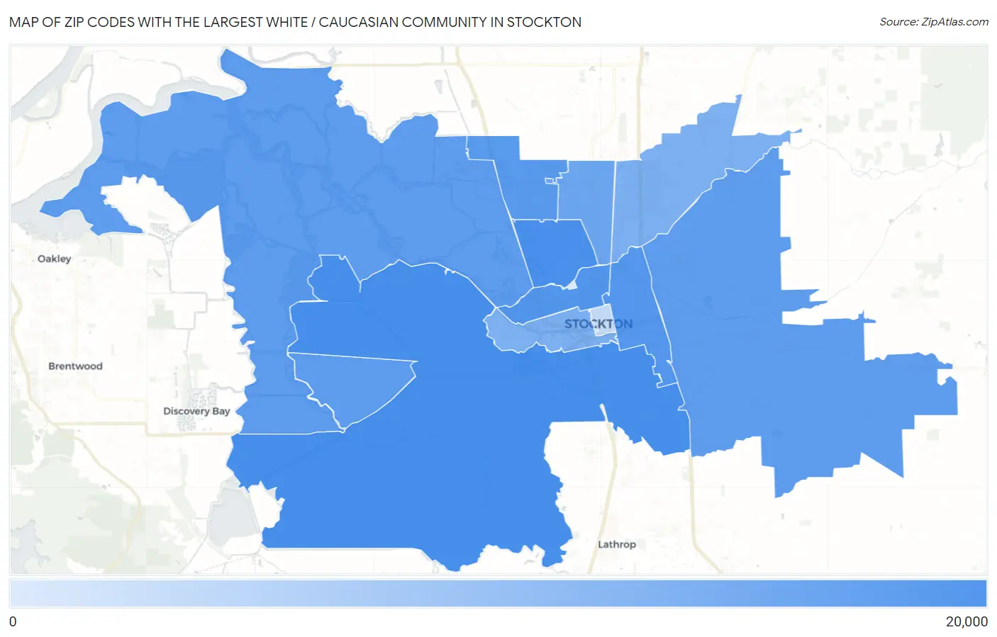 Zip Codes with the Largest White / Caucasian Community in Stockton Map