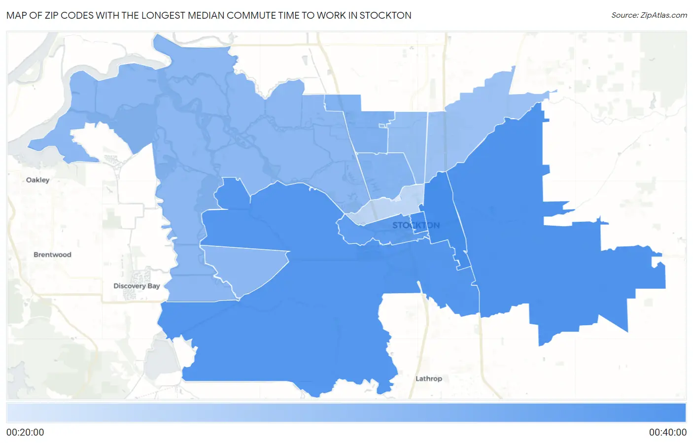 Zip Codes with the Longest Median Commute Time to Work in Stockton Map