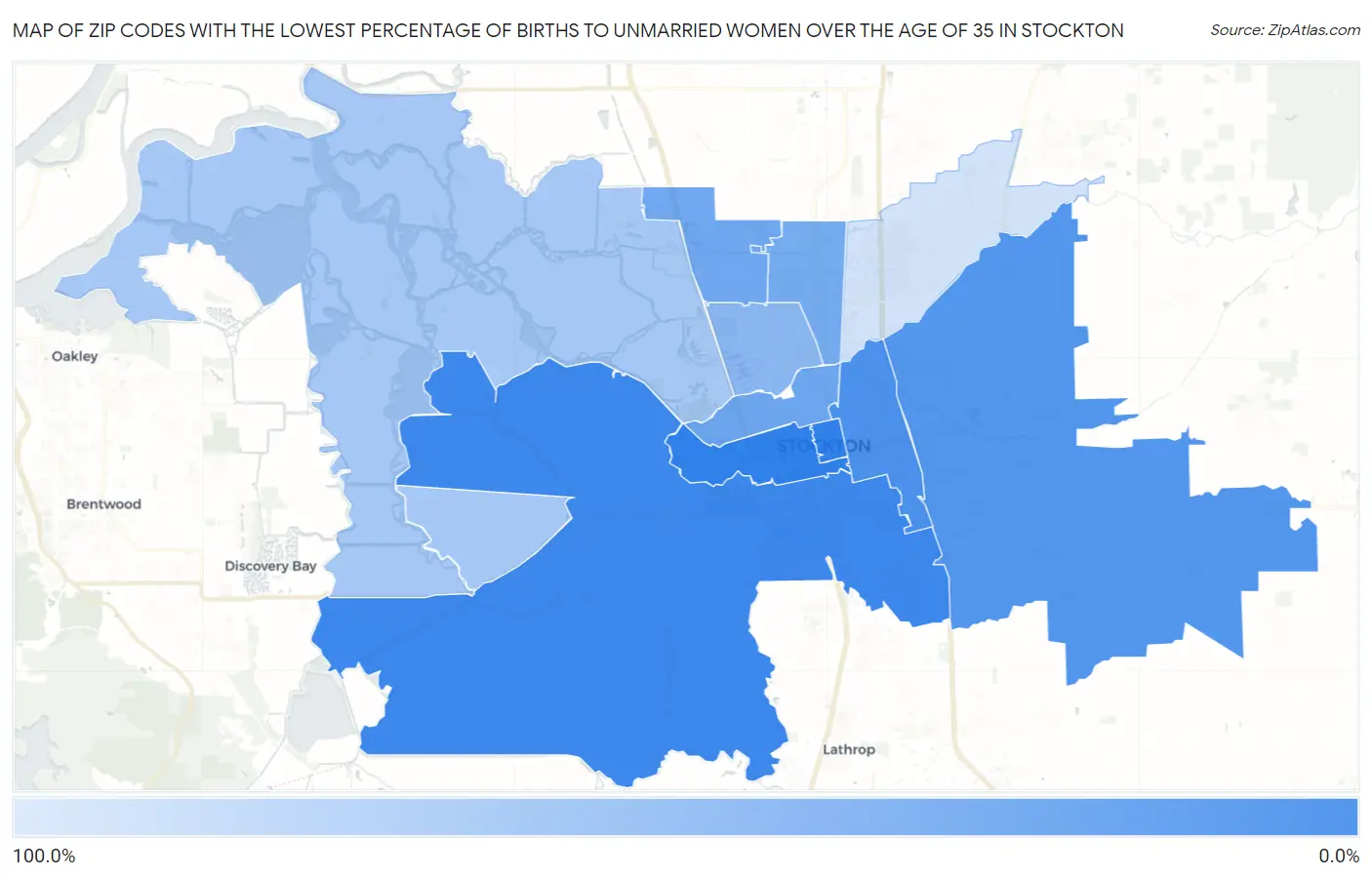 Zip Codes with the Lowest Percentage of Births to Unmarried Women over the Age of 35 in Stockton Map