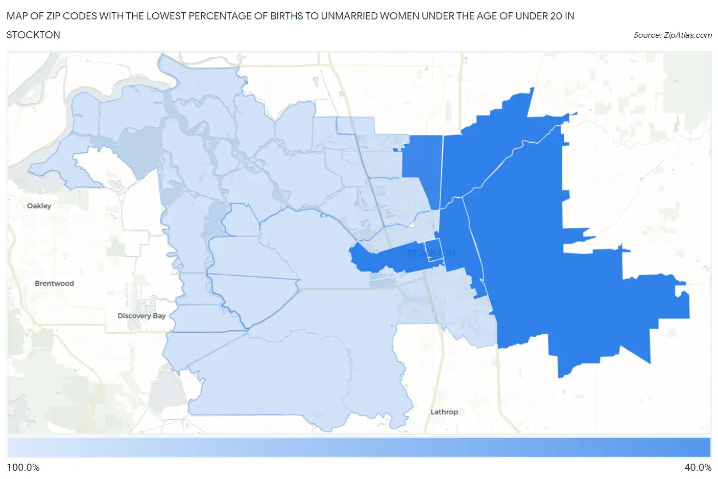 Zip Codes with the Lowest Percentage of Births to Unmarried Women under the Age of under 20 in Stockton Map