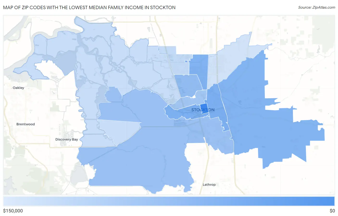 Zip Codes with the Lowest Median Family Income in Stockton Map