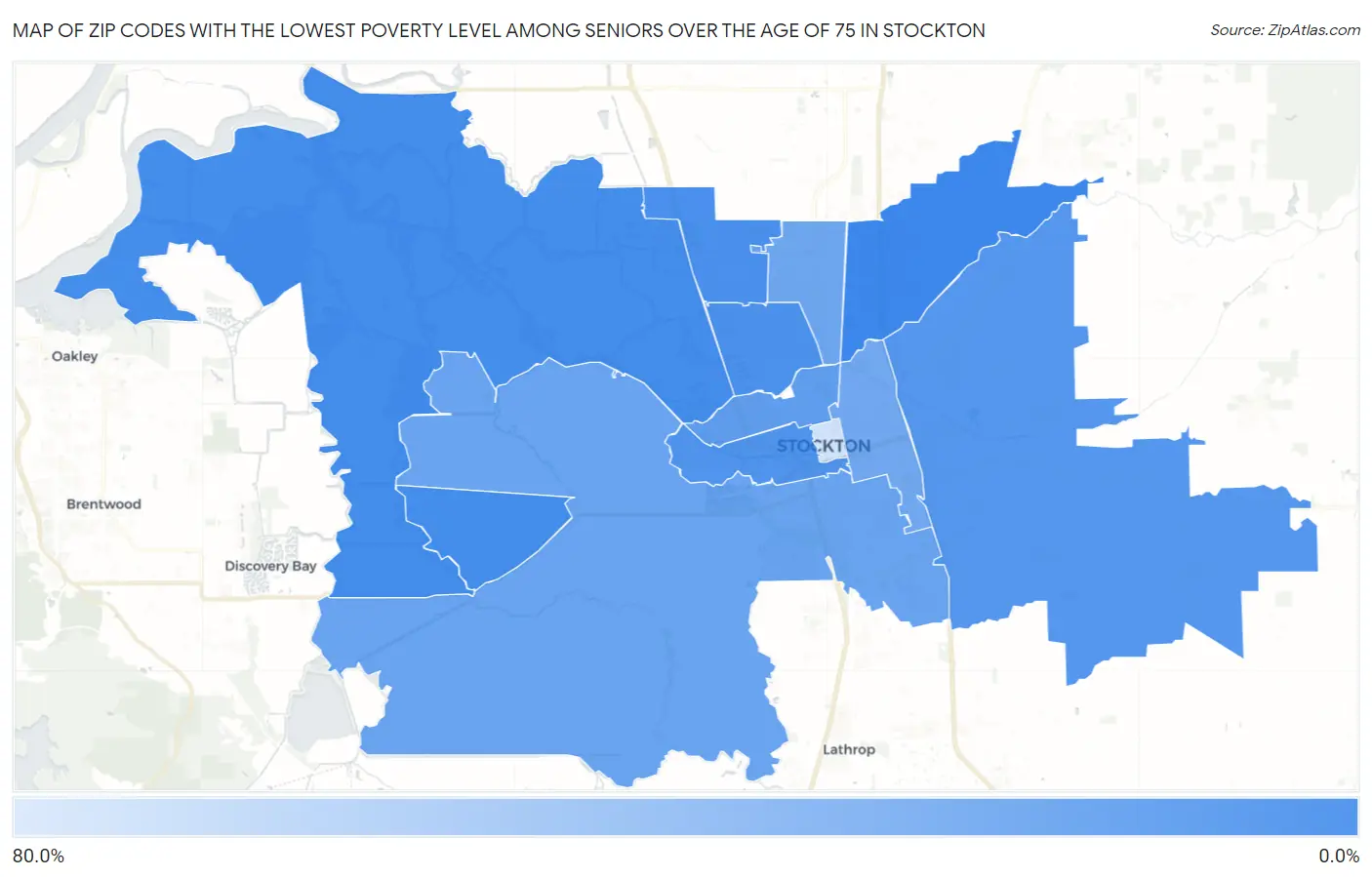 Zip Codes with the Lowest Poverty Level Among Seniors Over the Age of 75 in Stockton Map