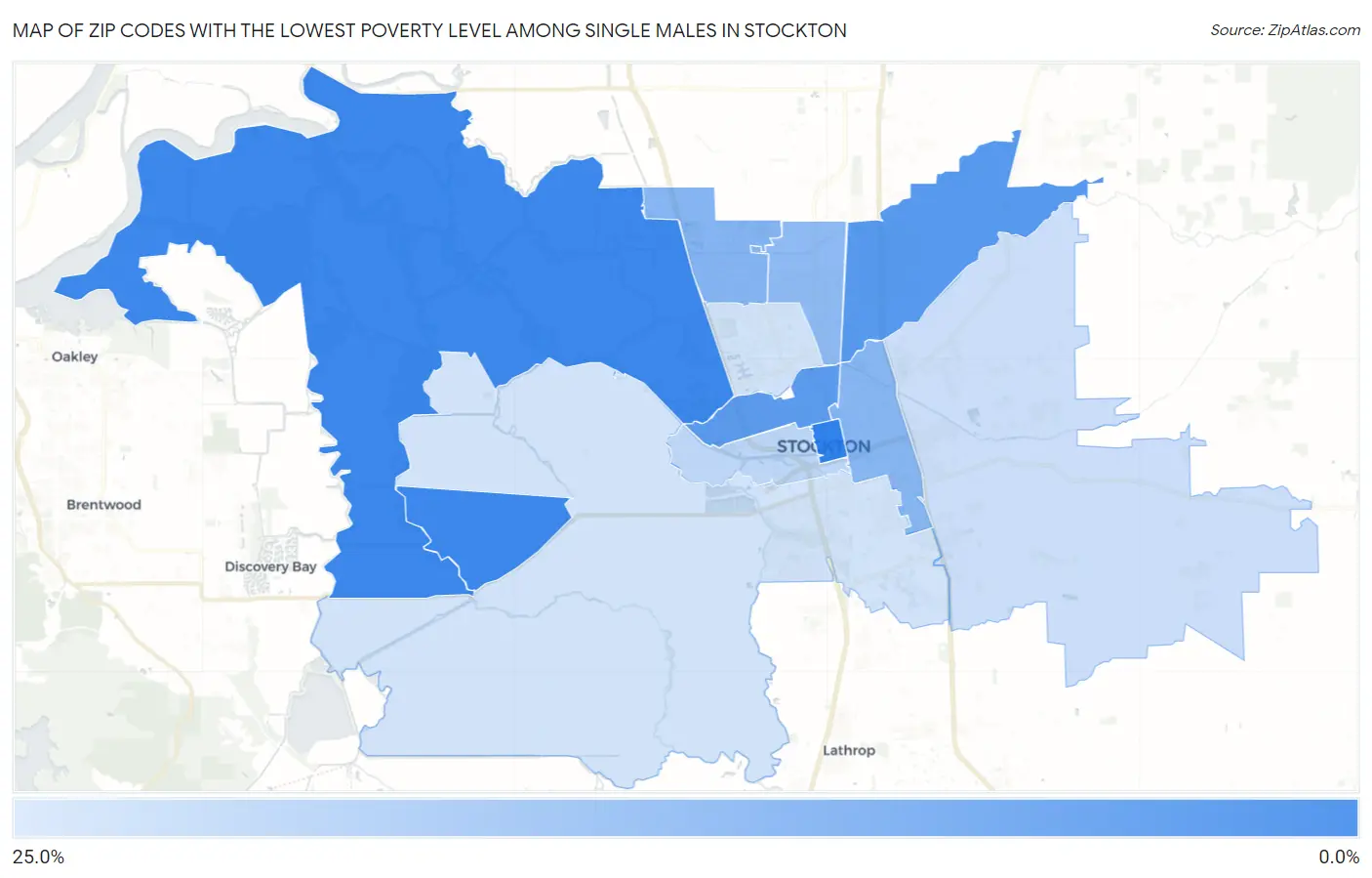 Zip Codes with the Lowest Poverty Level Among Single Males in Stockton Map