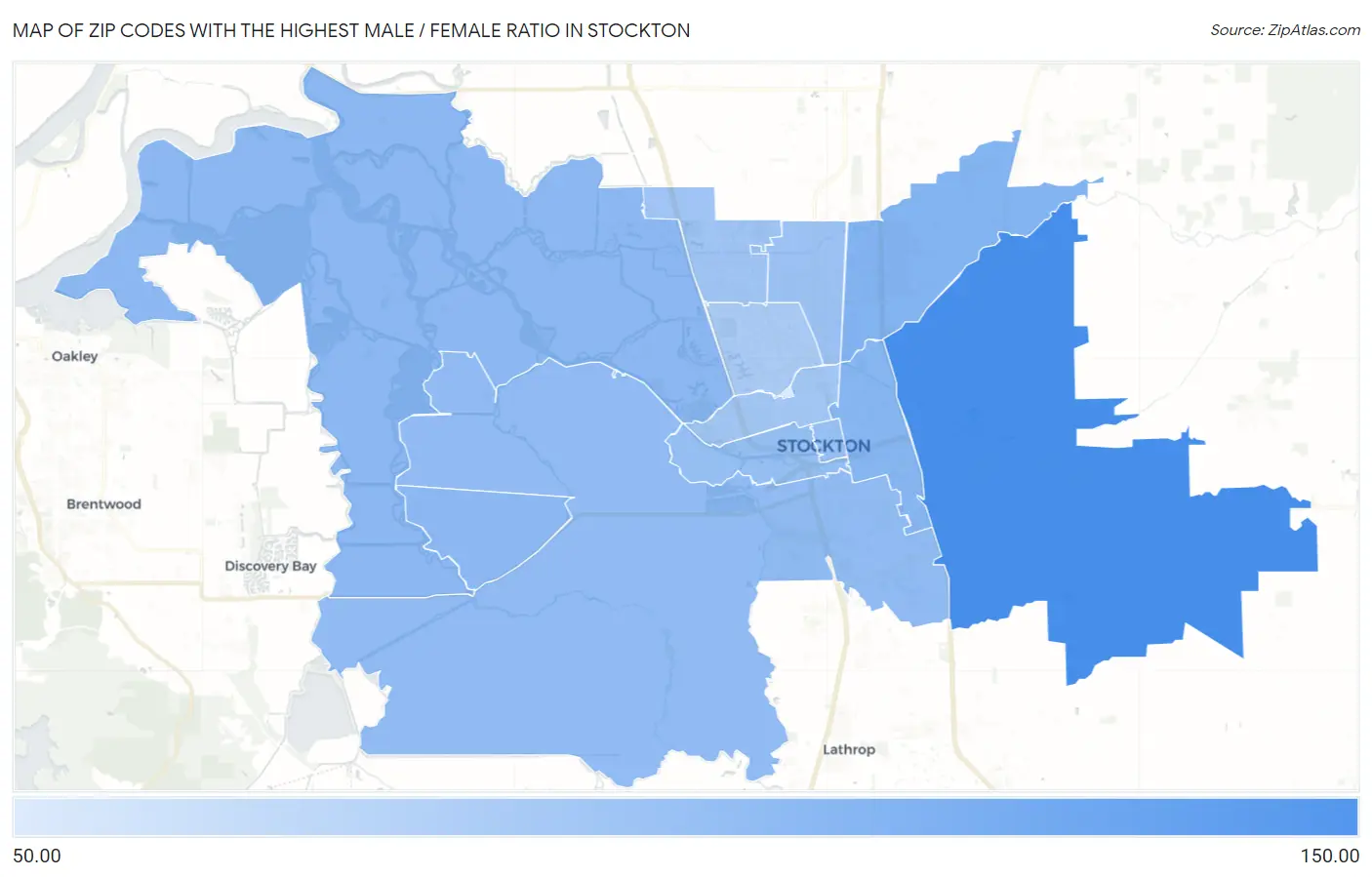 Zip Codes with the Highest Male / Female Ratio in Stockton Map