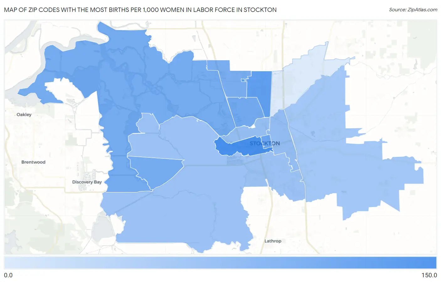 Zip Codes with the Most Births per 1,000 Women in Labor Force in Stockton Map