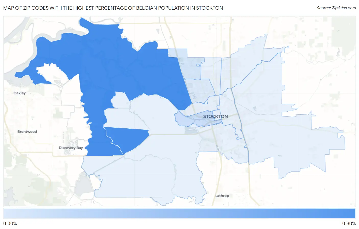 Zip Codes with the Highest Percentage of Belgian Population in Stockton Map