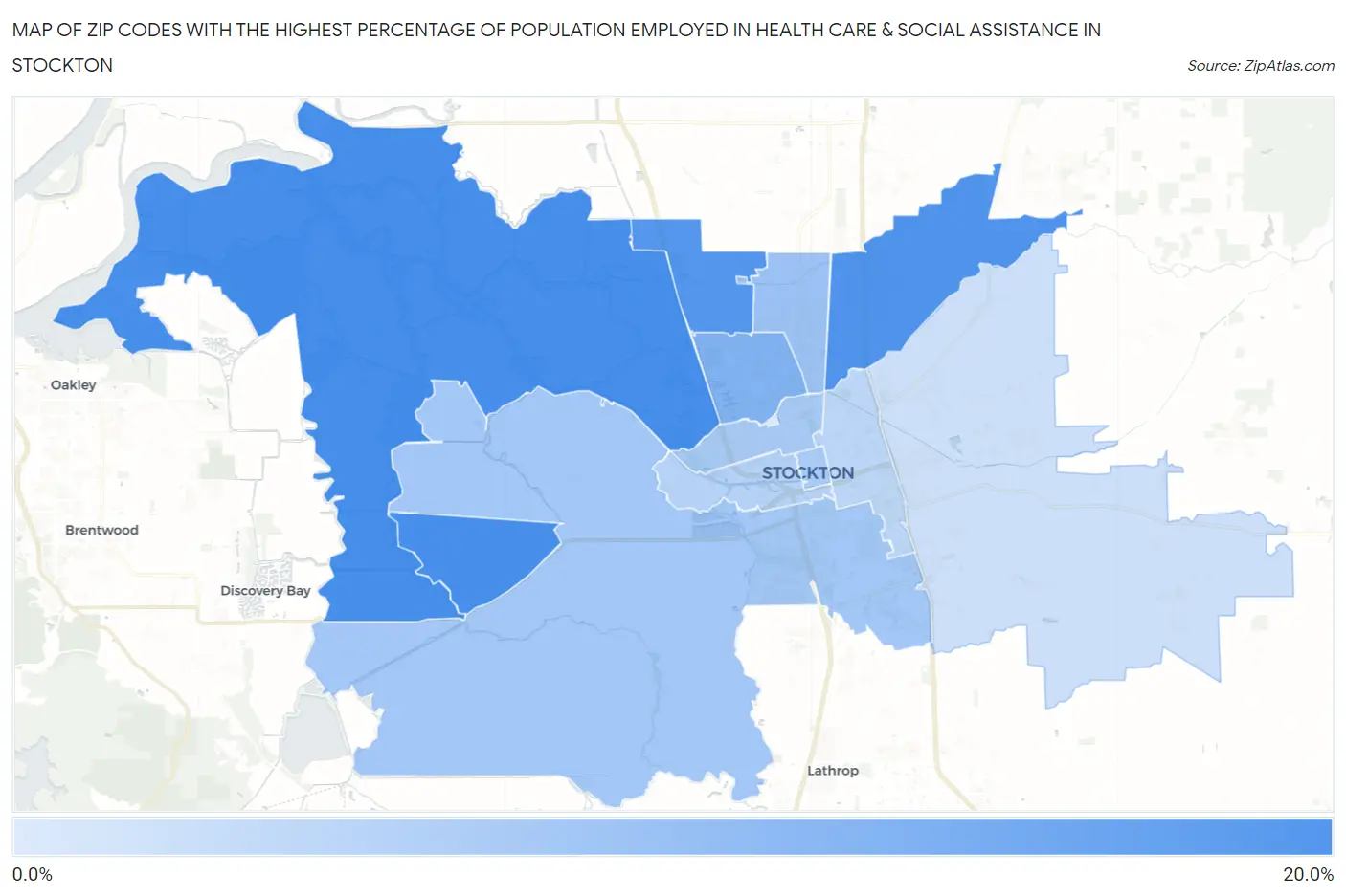 Zip Codes with the Highest Percentage of Population Employed in Health Care & Social Assistance in Stockton Map
