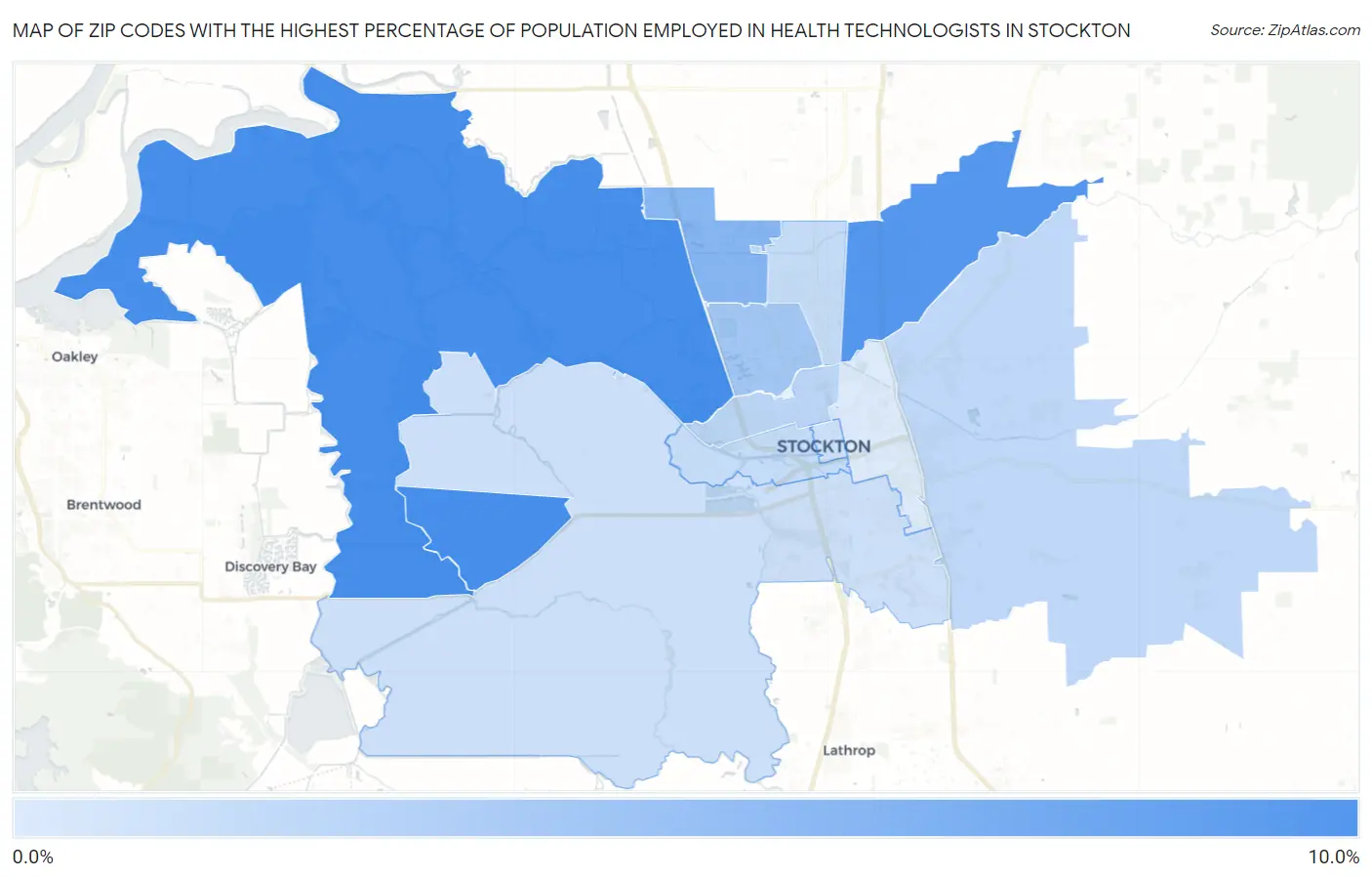 Zip Codes with the Highest Percentage of Population Employed in Health Technologists in Stockton Map