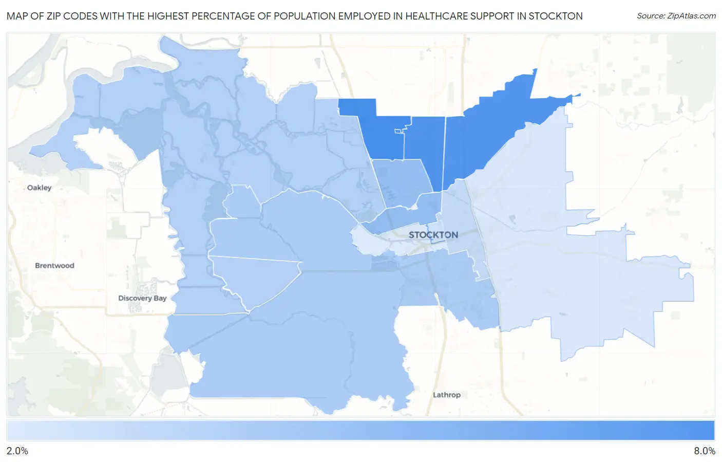 Zip Codes with the Highest Percentage of Population Employed in Healthcare Support in Stockton Map