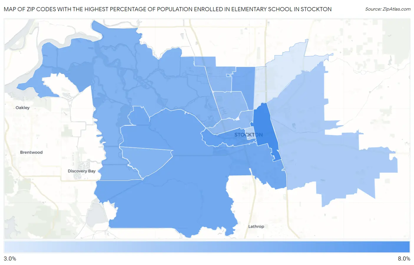 Zip Codes with the Highest Percentage of Population Enrolled in Elementary School in Stockton Map