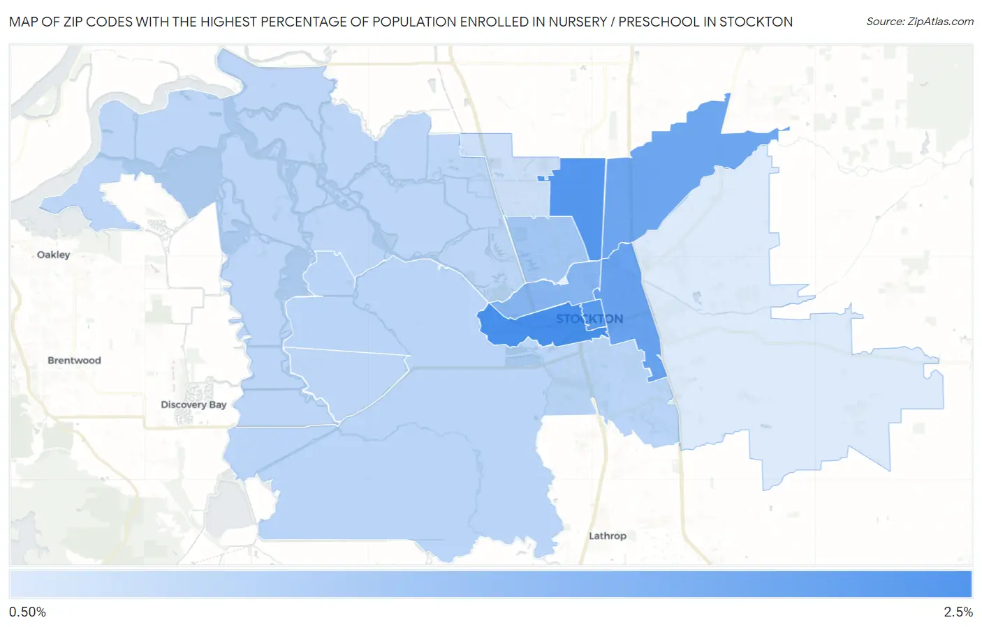 Zip Codes with the Highest Percentage of Population Enrolled in Nursery / Preschool in Stockton Map